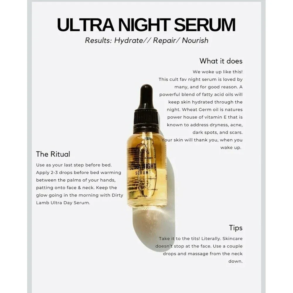Dirty Lamb Ultra Night Serum Wrinkles Acne Vitamin C Face Oil Sensitive Skin 1oz